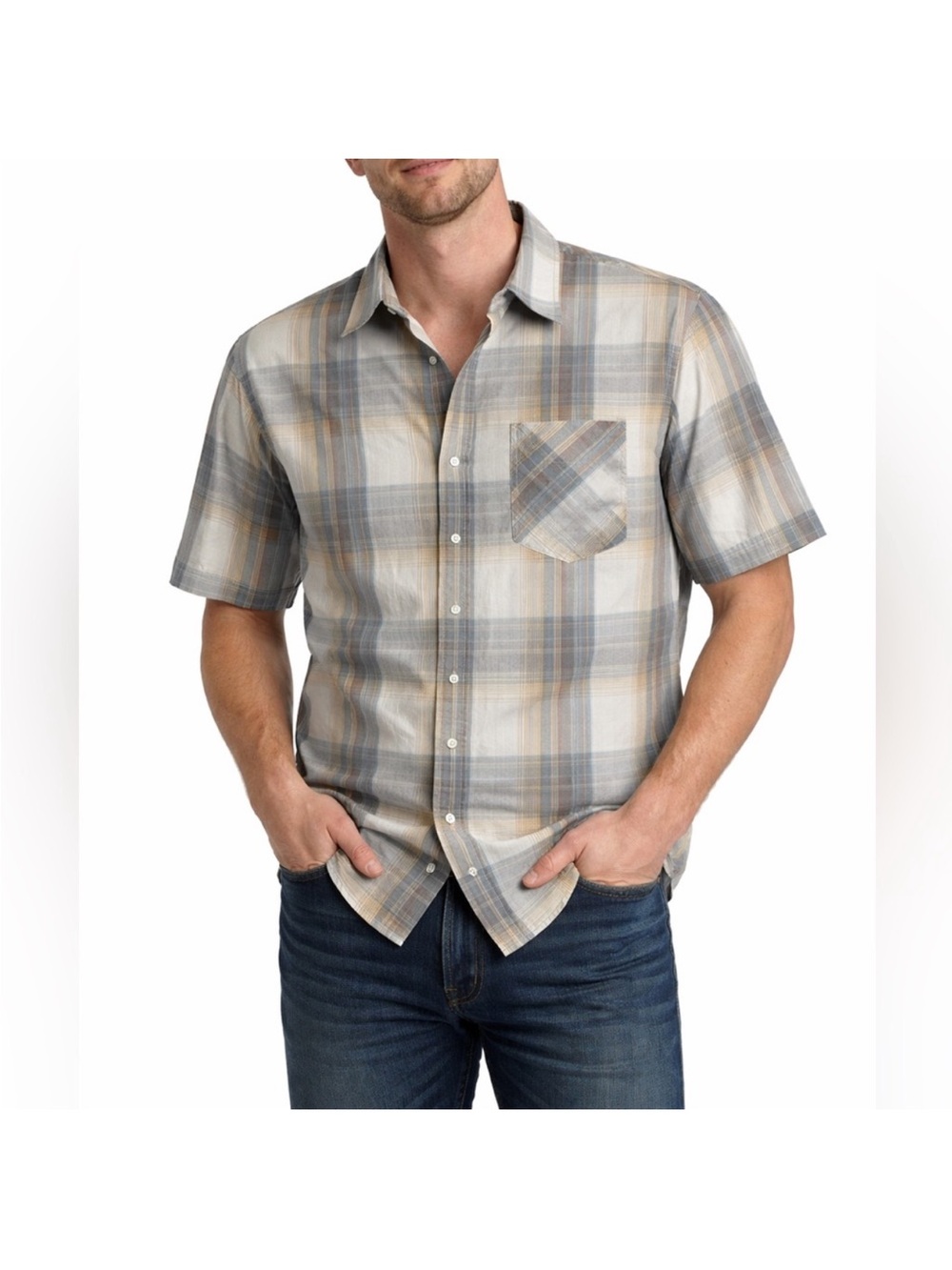 Volcom Men's Short-Sleeve Plaid Button-Down Shirt - Beige, Gray & Light Blue